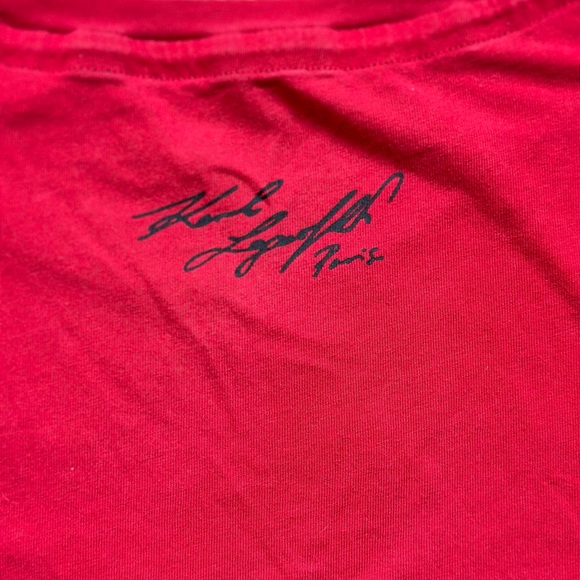 Karl Lagerfeld Red Gold Sequin Silhouette Signature T-Shirt Size Small - Picture 2 of 5